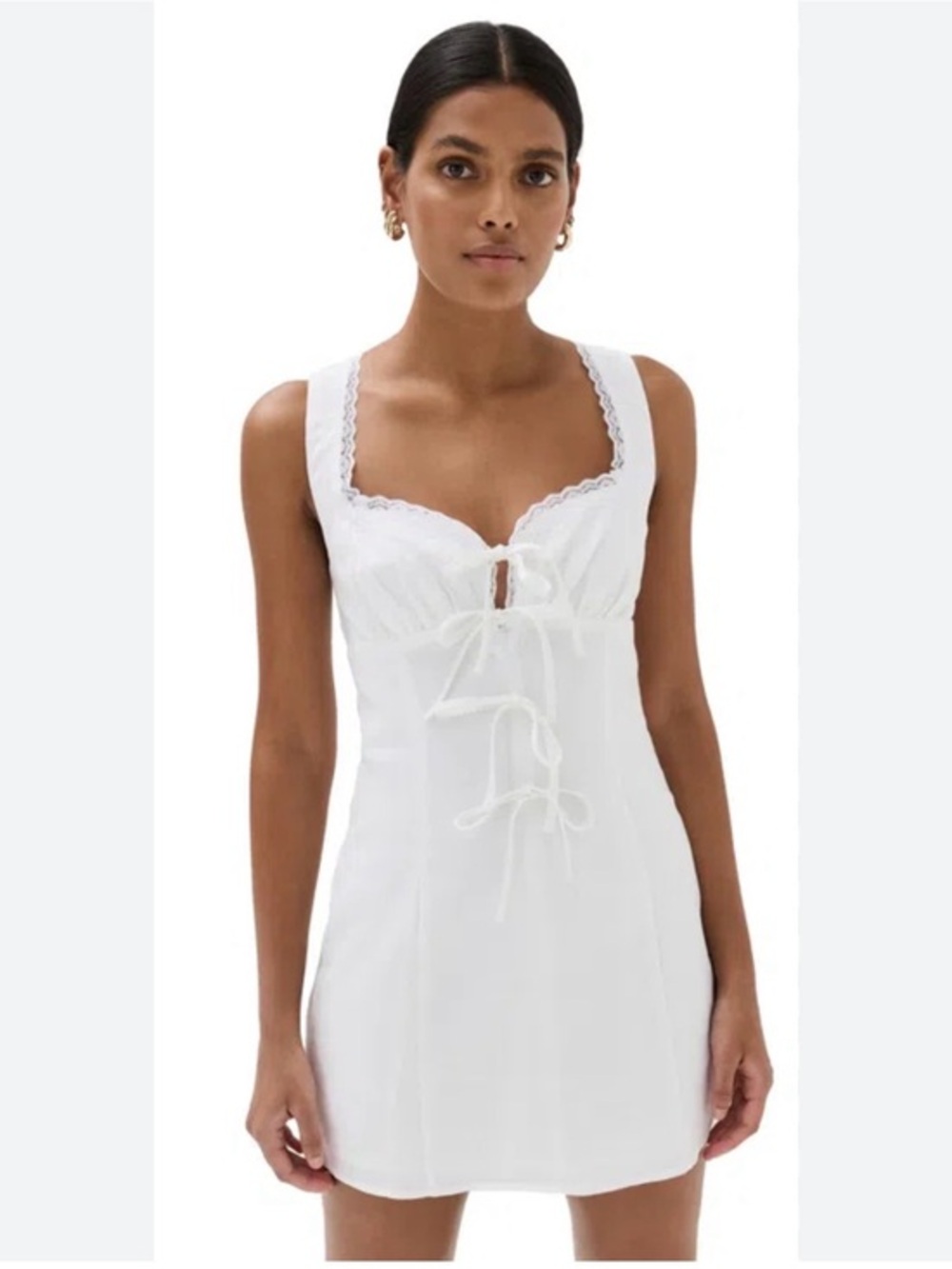 Reformation Reia Linen Mini Dress • Lace Trim • White • front ties • sz 6